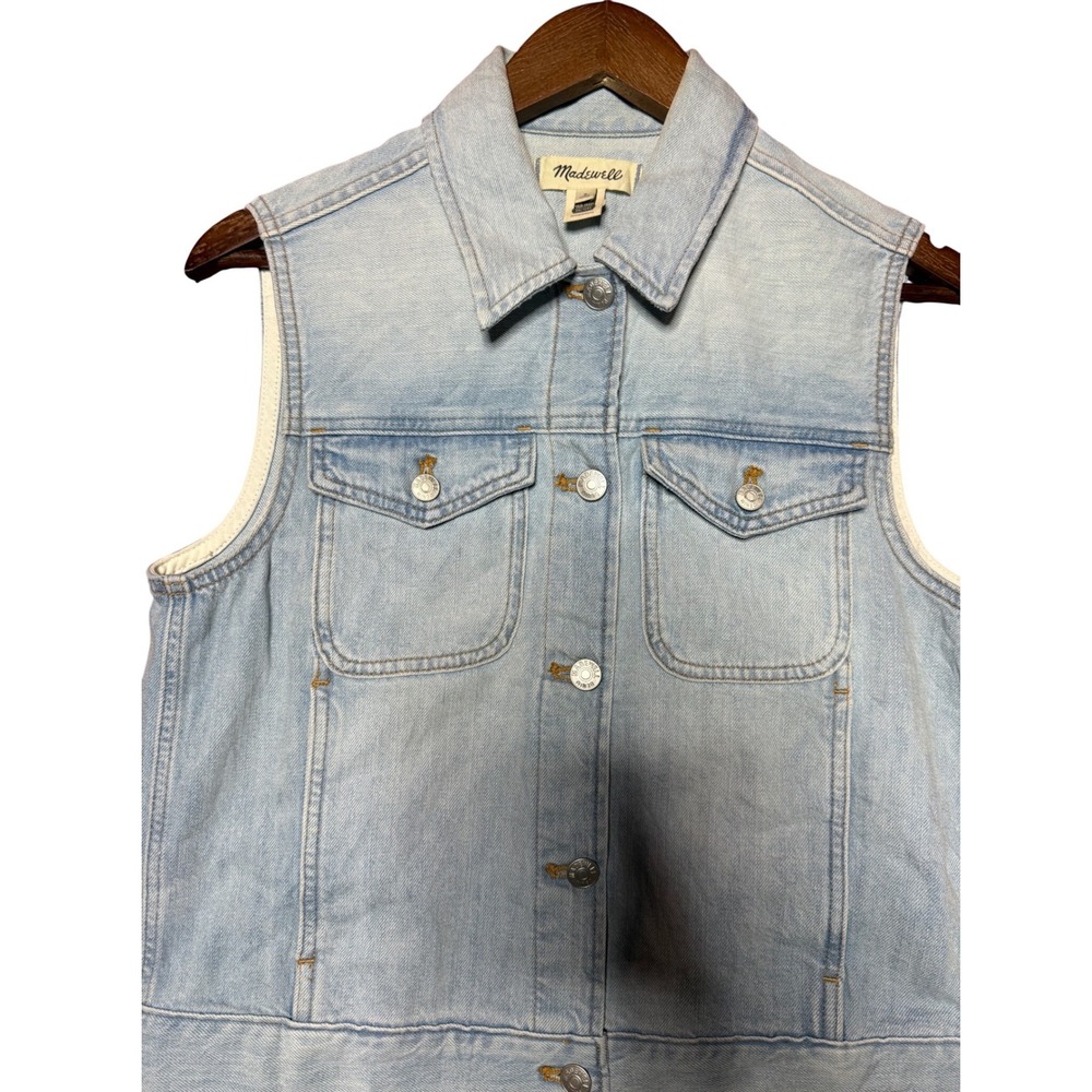 Madewell Women Small Light Wash Denim Trucker Vest Blue Button Up Western Moto - Picture 3 of 10
